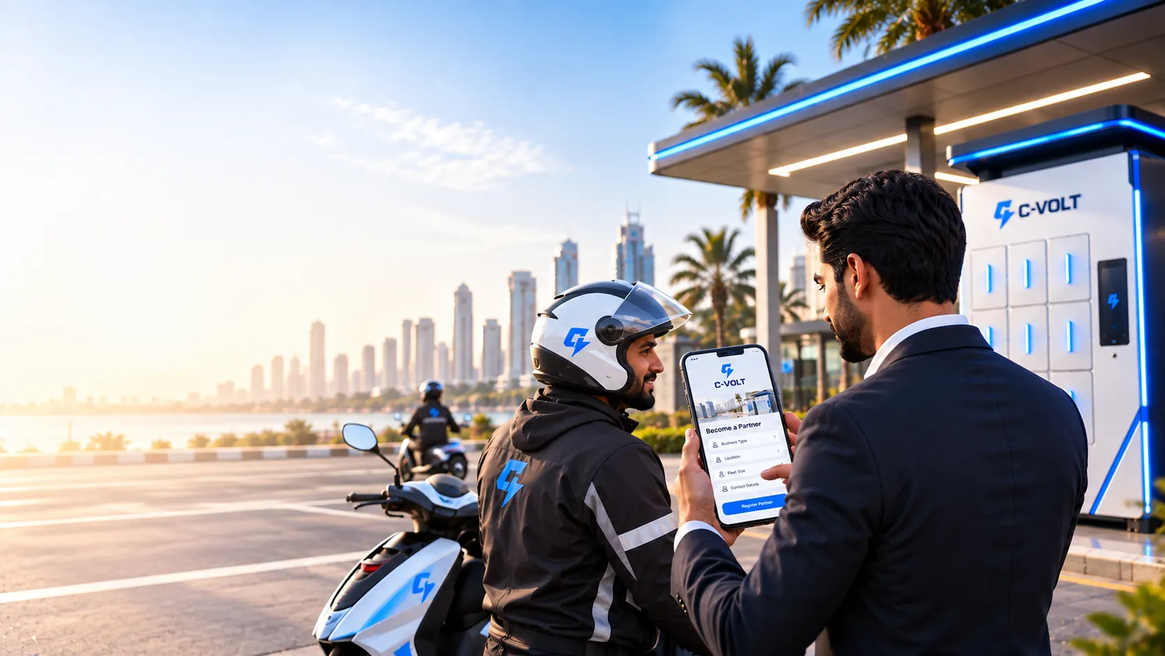 C-Volt rider and partner at a swap station