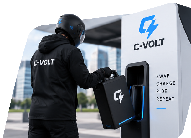 Rider swapping a C-Volt battery